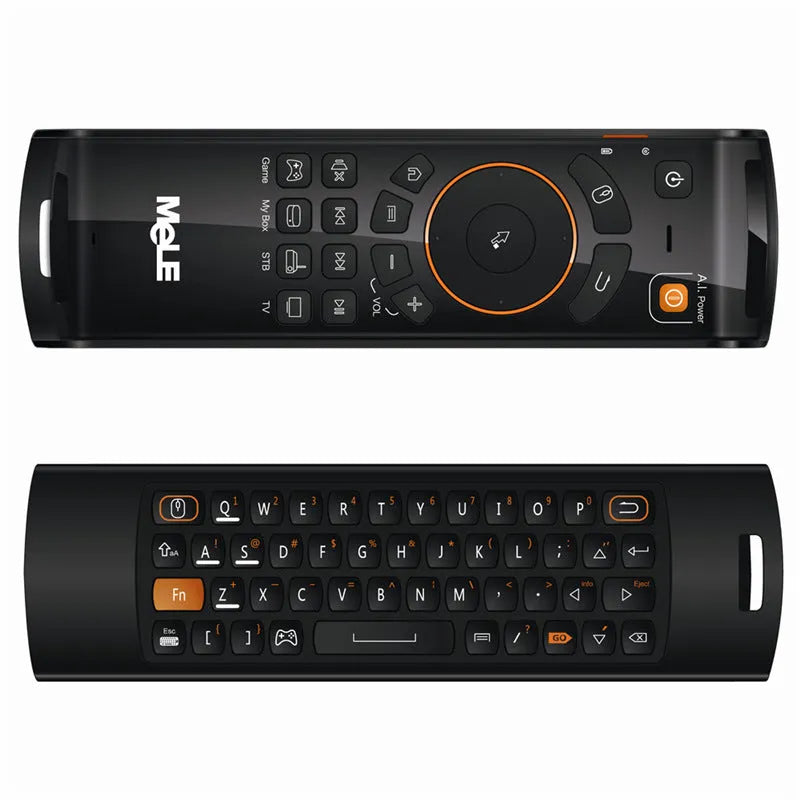 Black Mele F10 Deluxe wireless air mouse remote control with QWERTY keyboard and USB receiver.