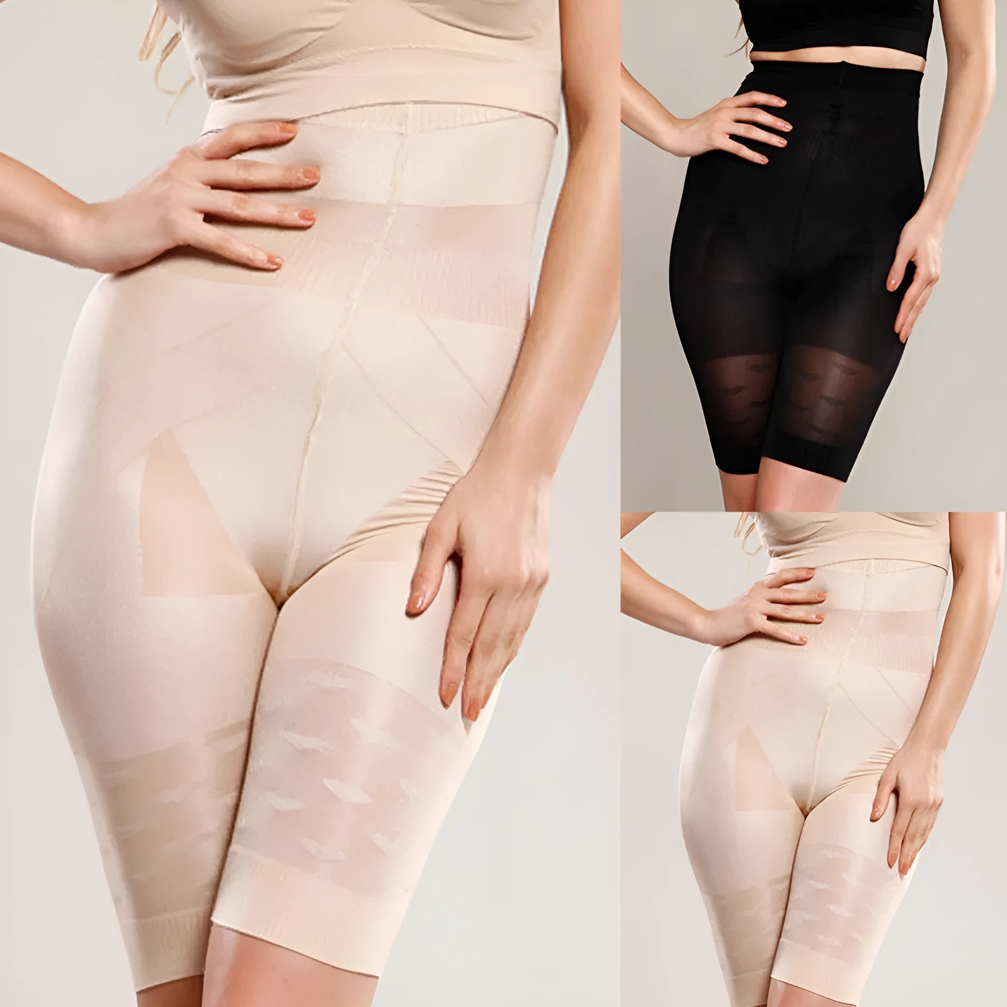 Women's seamless high-waist shapewear shorts for tummy control in black and nude colours.