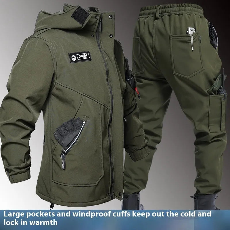 Unisex fleece-lined waterproof jacket and trouser suit in black, army green, and gray, sizes 165 to 190, for autumn winter outdoor use