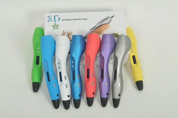 Light blue 3D printing pen with hot melt extrusion, 0.7mm nozzle, UK plug, lying on a white surface