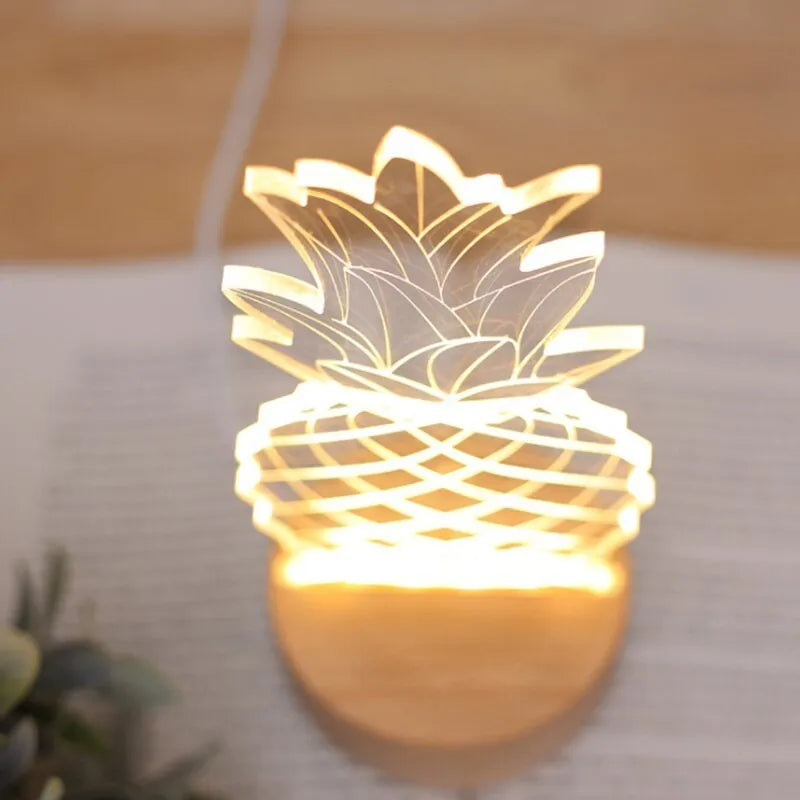 Cartoon pineapple-shaped night light on a wooden base with USB cable and dimmer switch.