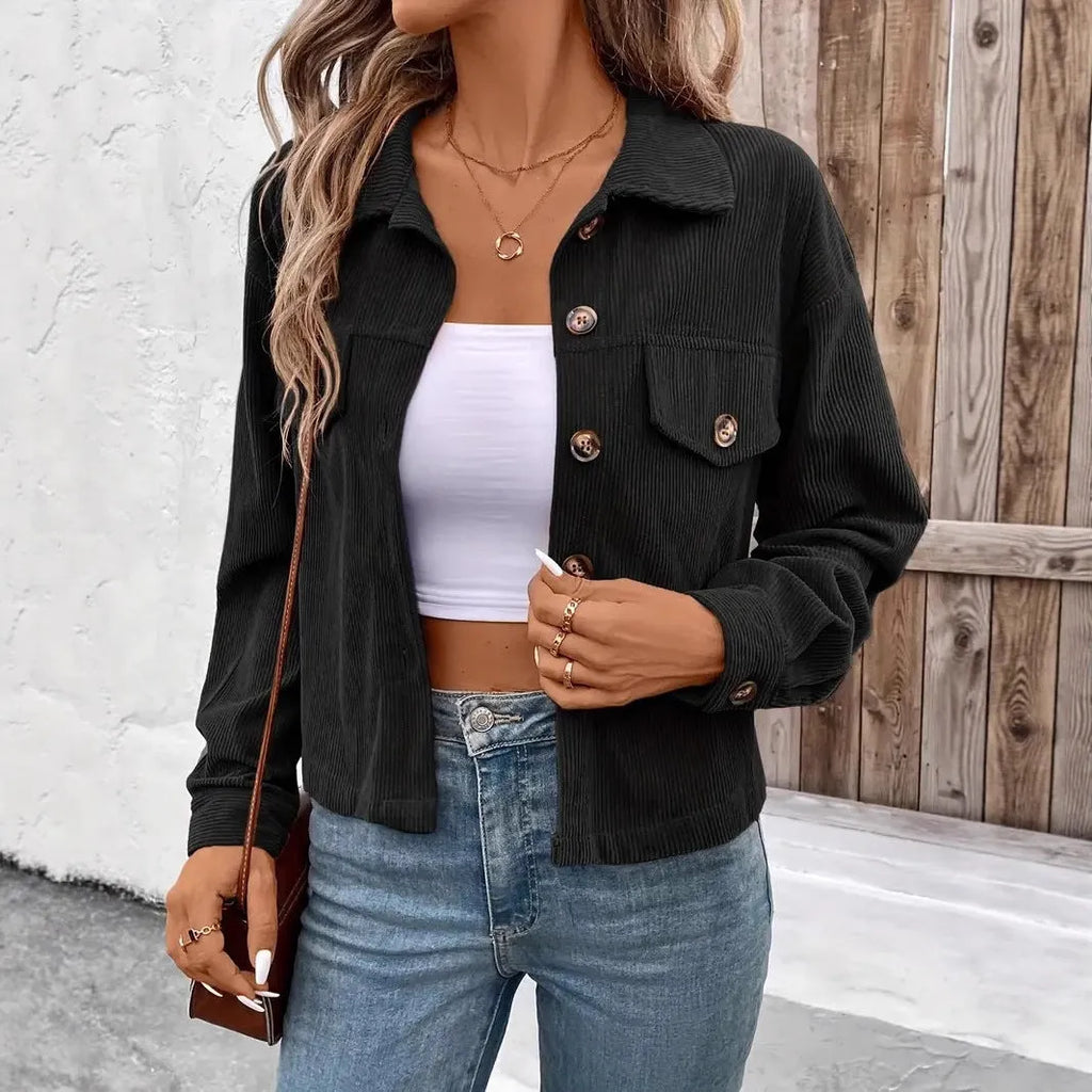 Women's loose-fit retro artistic button jacket in polyester, shown in one of six available colours.