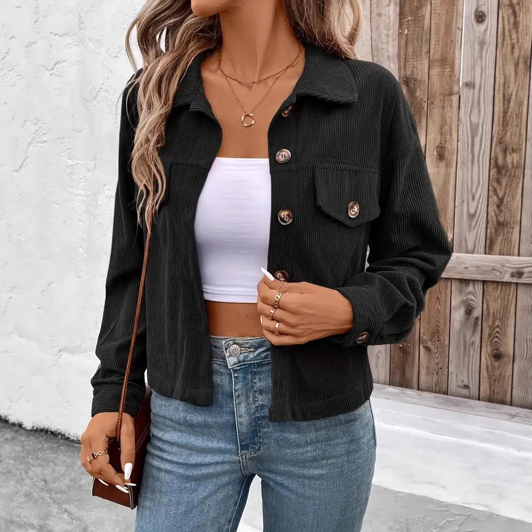 Women's loose-fit retro artistic button jacket in polyester, shown in one of six available colours.