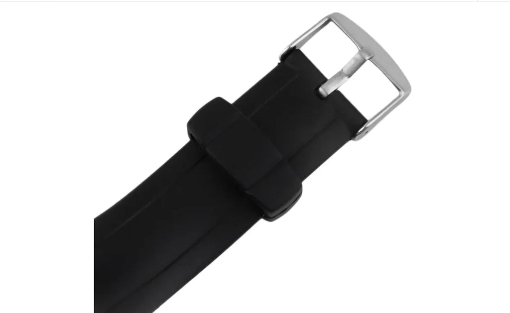 Black heart rate monitor watch with rubber strap and round dial, waterproof to 3 metres with chest strap