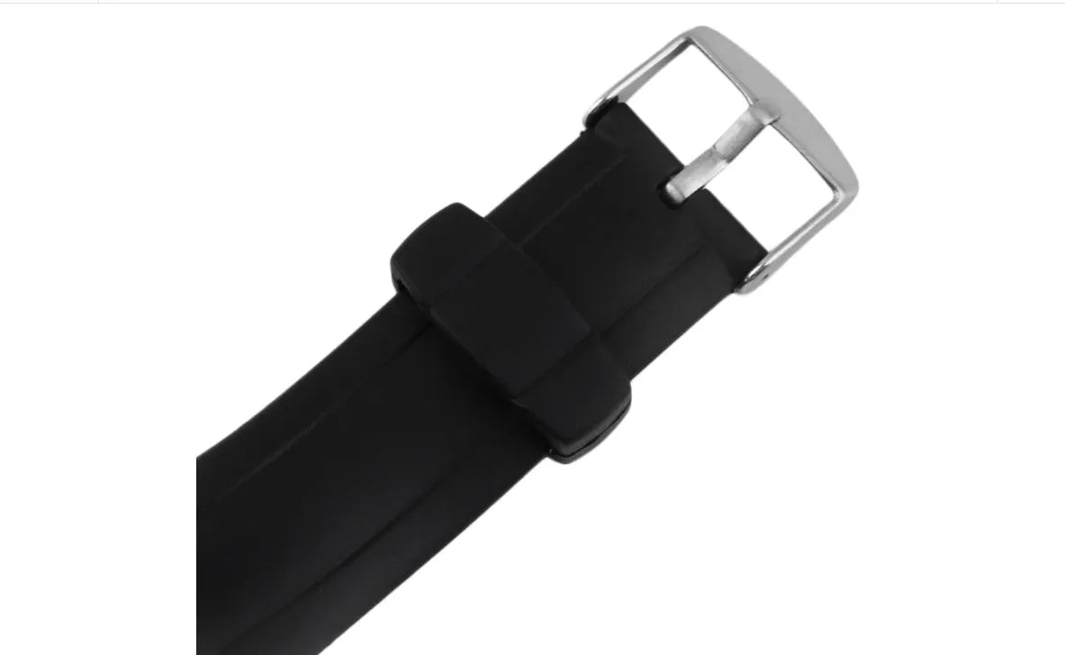 Black heart rate monitor watch with rubber strap and round dial, waterproof to 3 metres with chest strap