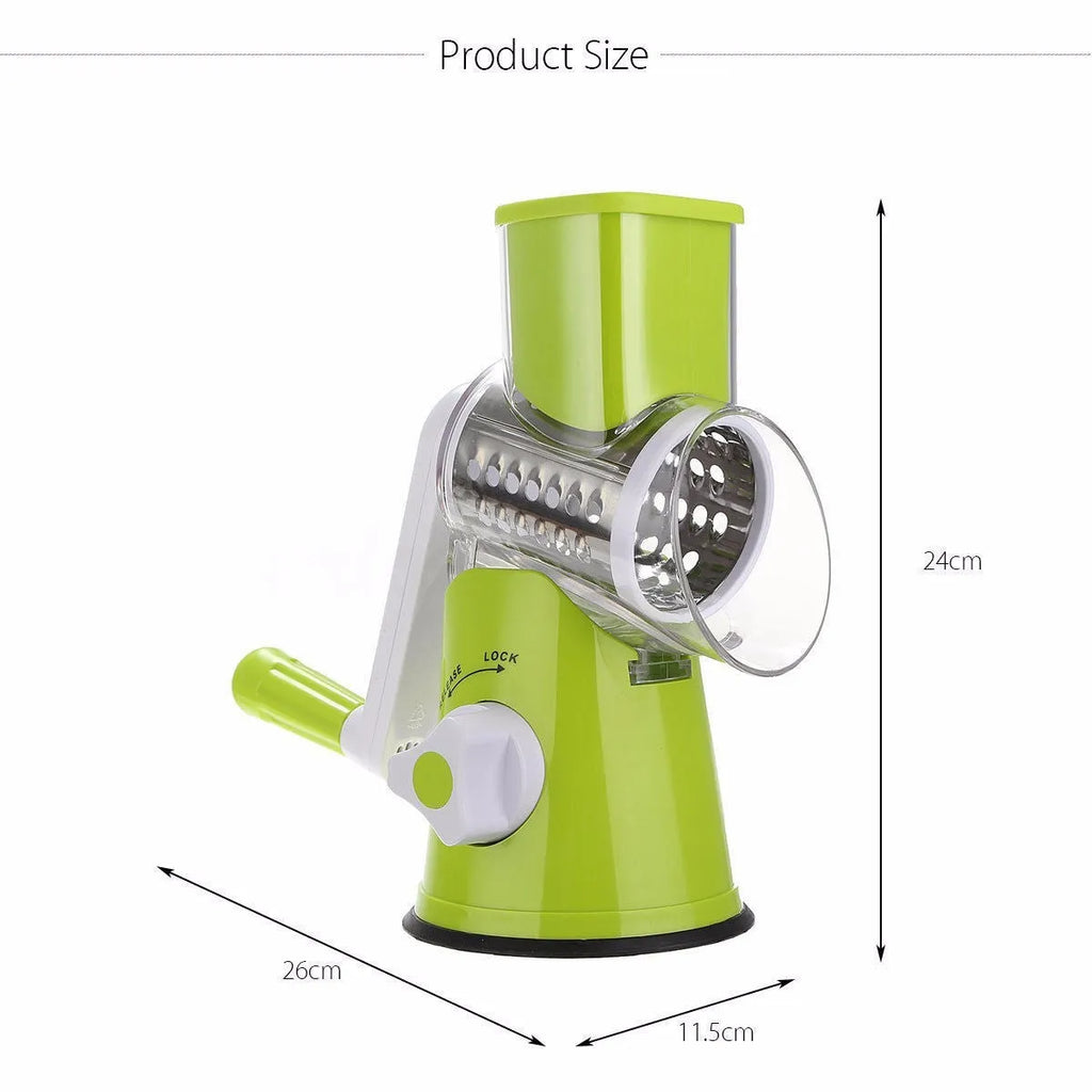 Blue green mandoline vegetable slicer with three stainless steel blades and a white suction cup base on a kitchen counter.