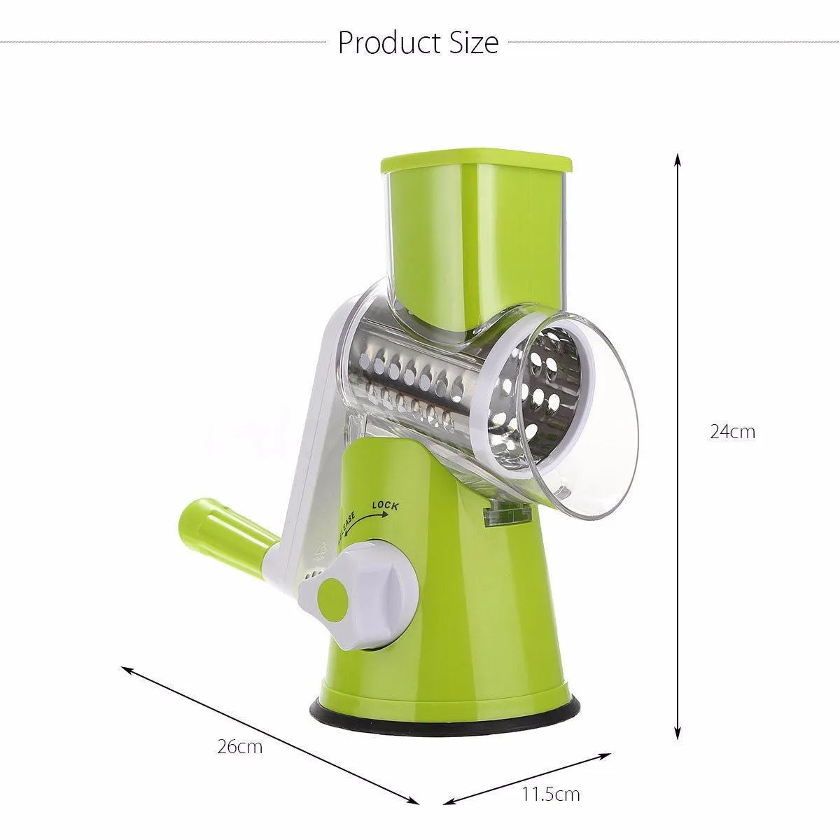 Blue green mandoline vegetable slicer with three stainless steel blades and a white suction cup base on a kitchen counter.