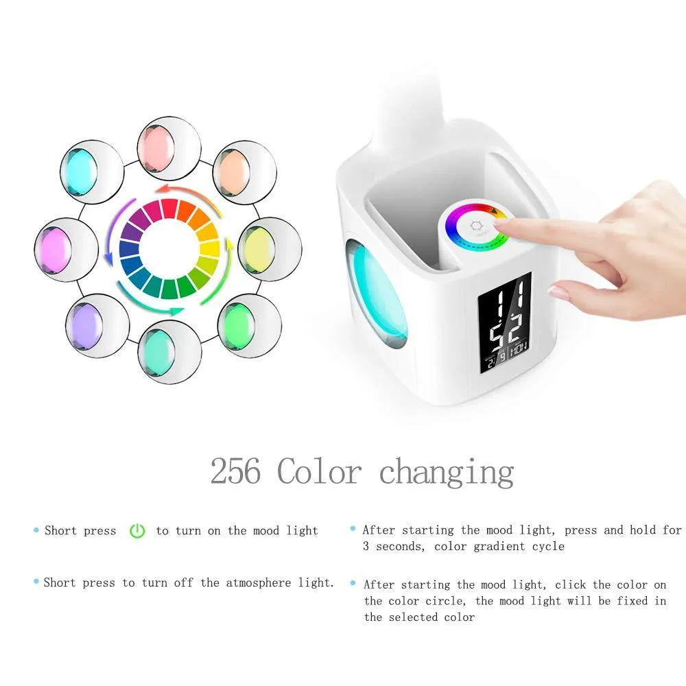 White 7-in-1 LED desk lamp with USB port, LCD screen, calendar, pen holder and colour night light base