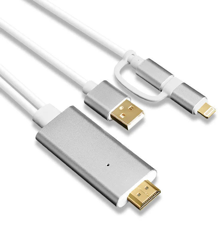 Silver HDMI 2-in-1 plug-and-play cable adapter 2 metres length on white background