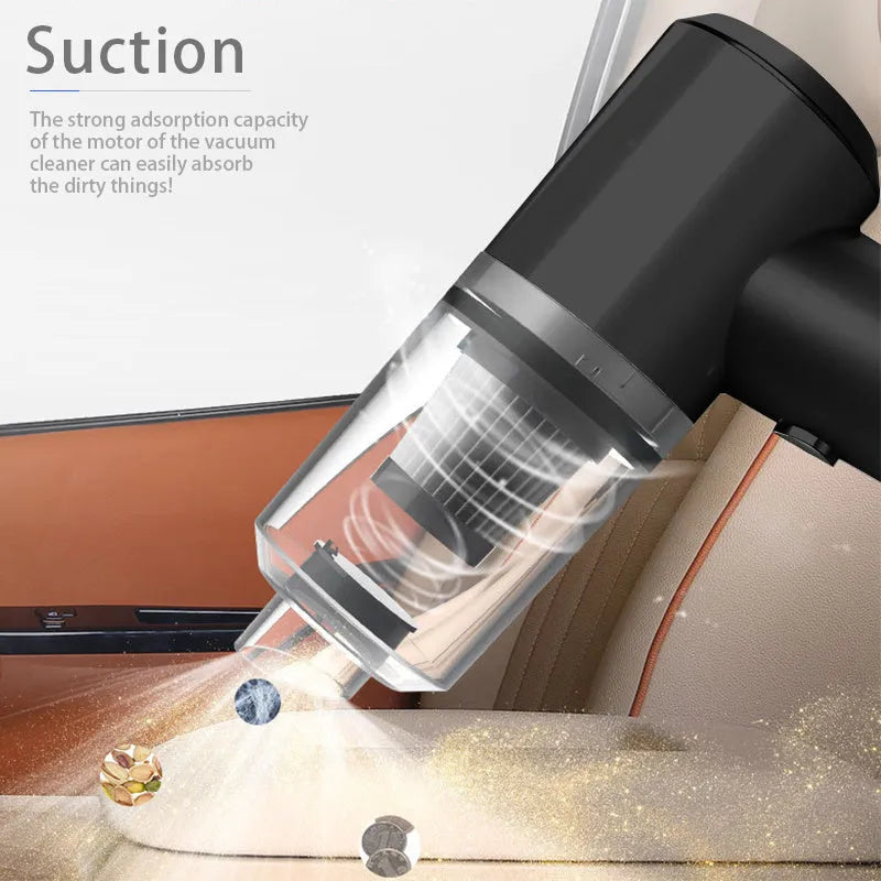 Wireless handheld car vacuum cleaner in black or white on a car seat.