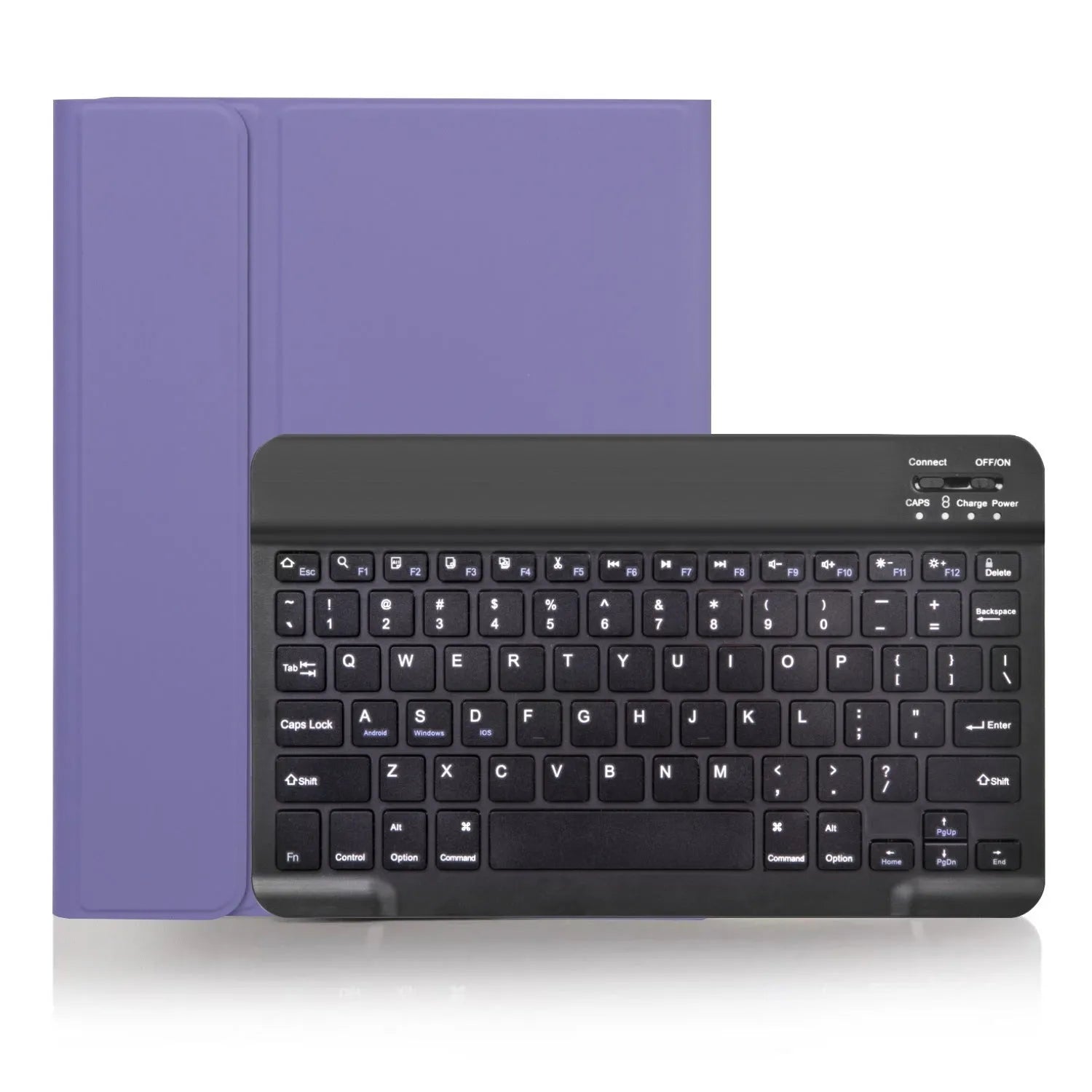 External Bluetooth keyboard stored inside its split leather protective case, with charging cable.