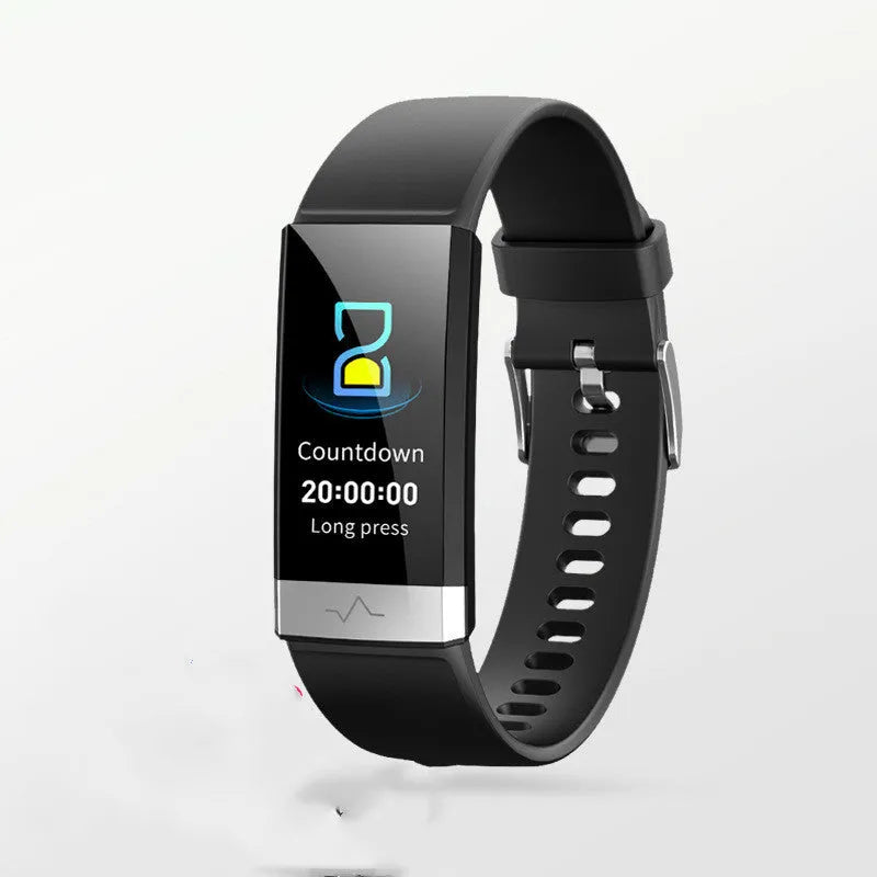 V19 smart fitness tracker bracelet with colour screen on a wrist, showing health metrics.
