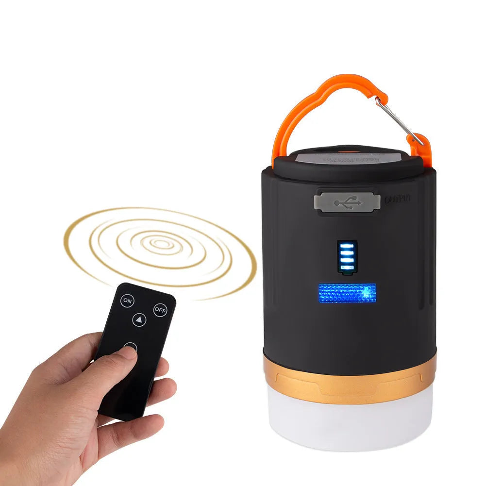 Black rechargeable camping light with remote control, hanging hook and magnetic base, IPX6 waterproof rated