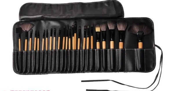 24 piece makeup brush set with wooden handles, man-made fibre bristles and PU case