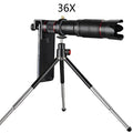 Black 36x telephoto mobile phone telescope shown folded to 22.5cm length, compatible with smartphones.
