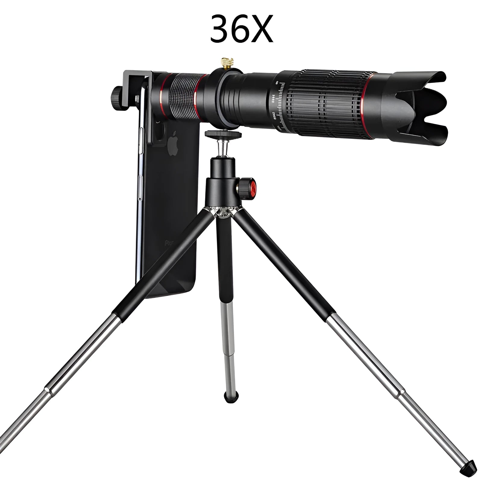 Black 36x telephoto mobile phone telescope shown folded to 22.5cm length, compatible with smartphones.