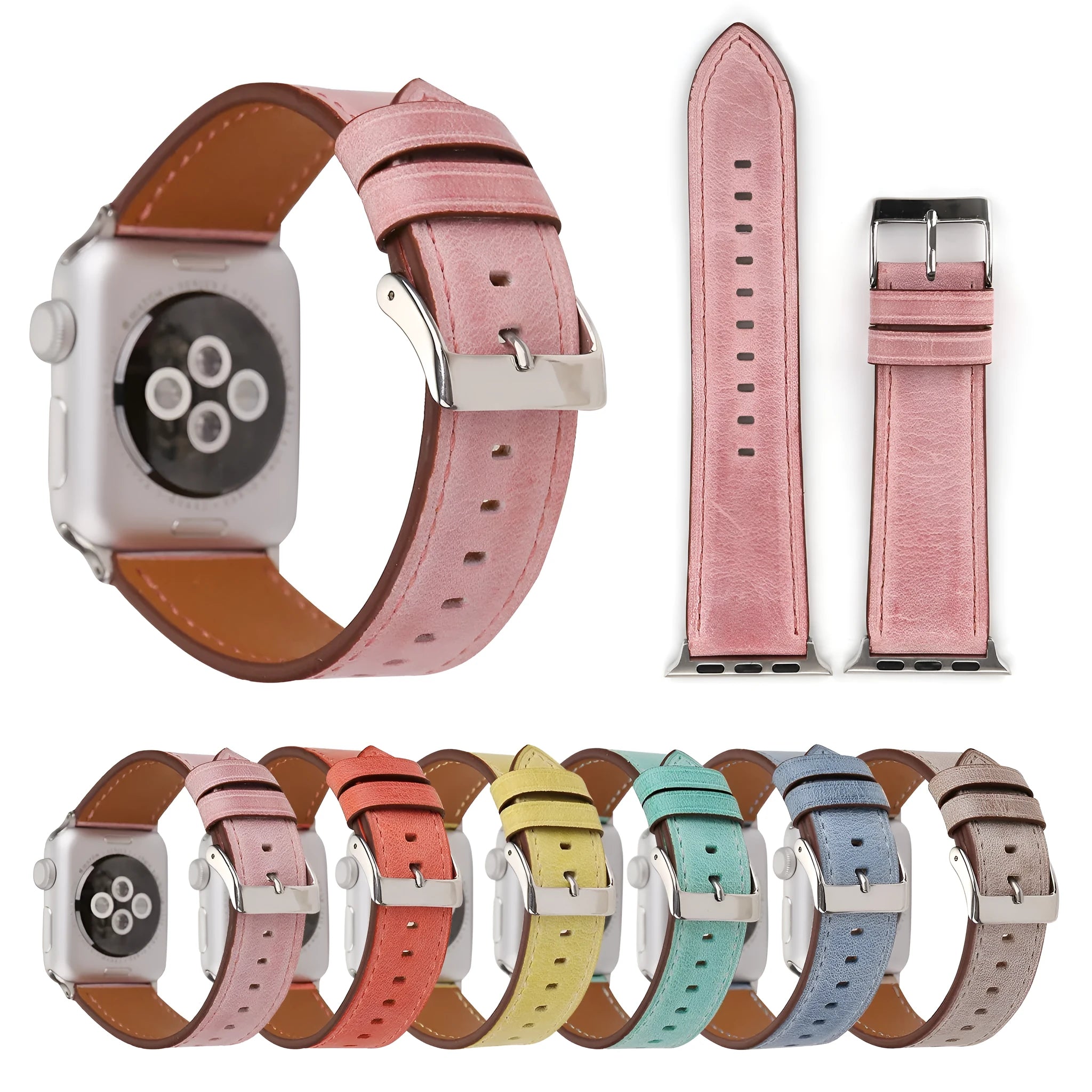 Genuine leather watch strap with a folding buckle, shown in one of six available colours.
