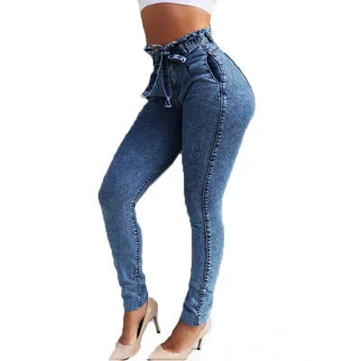 Grey fringed straight-leg jeans made from Cowboy fabric on a size chart showing S to 5XL.