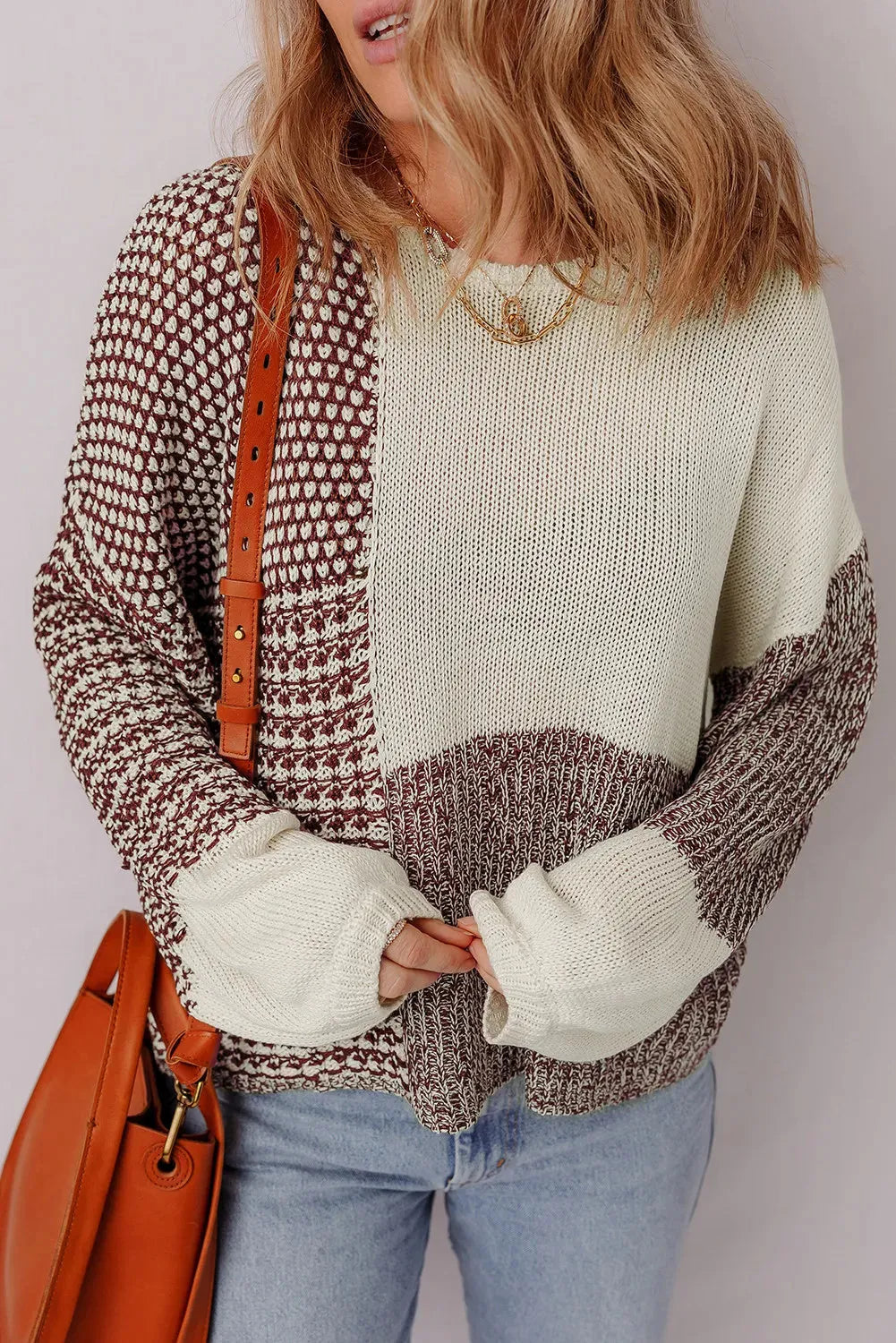 Dark khaki colour block loose sweater with dropped shoulders and a back tie fastening.