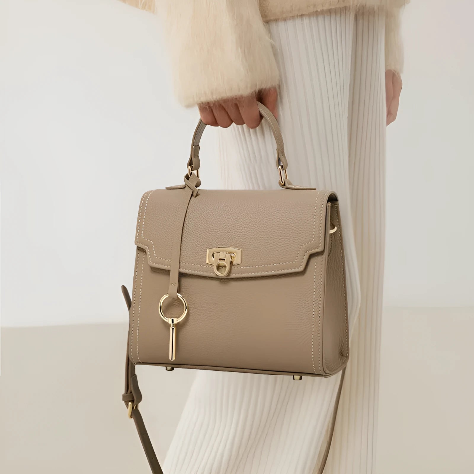 Elephant grey genuine leather women's handbag with vintage lock and structured square design