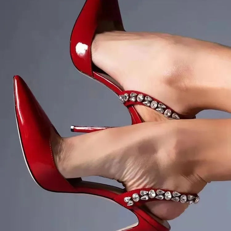 Women's pointed toe high heel sandals with rhinestone straps in patent leather