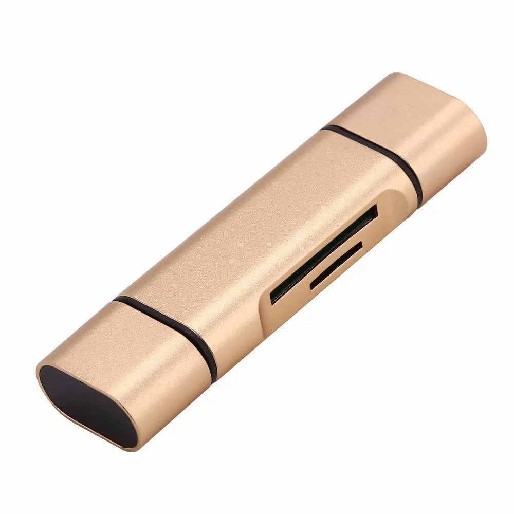 USB MICRO TYPE-C card reader for TF and SD memory cards in golden and silvery aluminium alloy