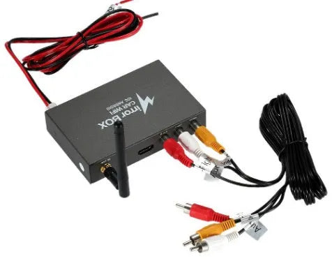 Black car mirror link box converter unit with antenna, power cable, and AV cable for wireless smartphone screen mirroring.