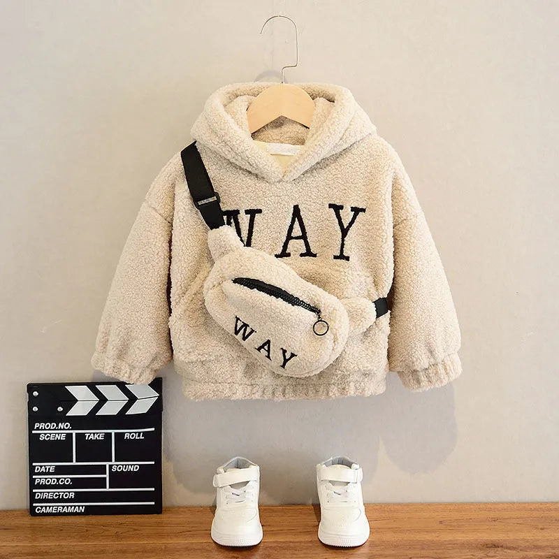 Children's beige fleece jacket with hood featuring cartoon print and long sleeves