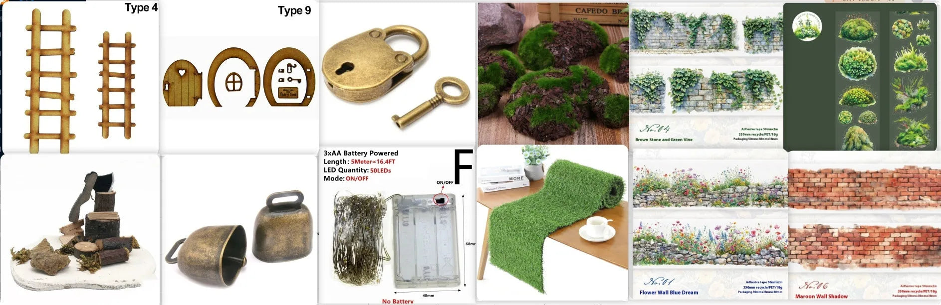 Forest Moss Series DIY decorative sticker set with PEt tape rolls, artificial moss pieces, wooden decorations, and small metal ornaments on a white background