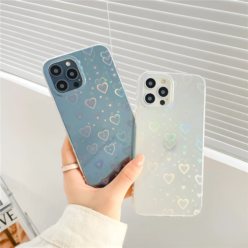 Transparent silicone mobile phone case featuring a Laser Love design, shown fitted on an iPhone.