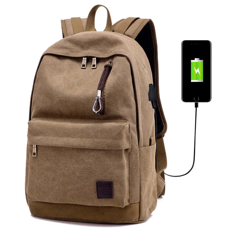 Canvas USB rechargeable backpack in khaki colour showing laptop pocket and shoulder straps