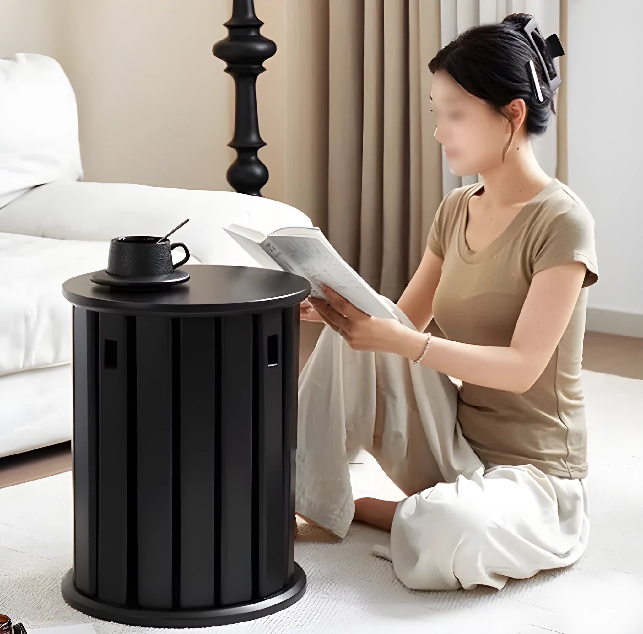 Modern round iron dining stool with stackable design in a wood-tone finish.