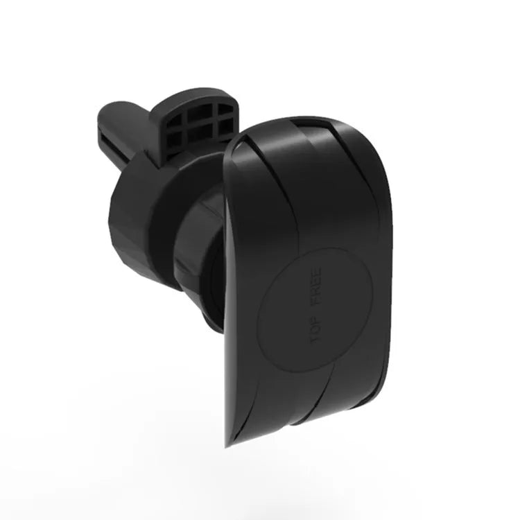 Black universal car phone holder attached to a car air vent, showing flexible gooseneck arm and adjustable phone cradle.