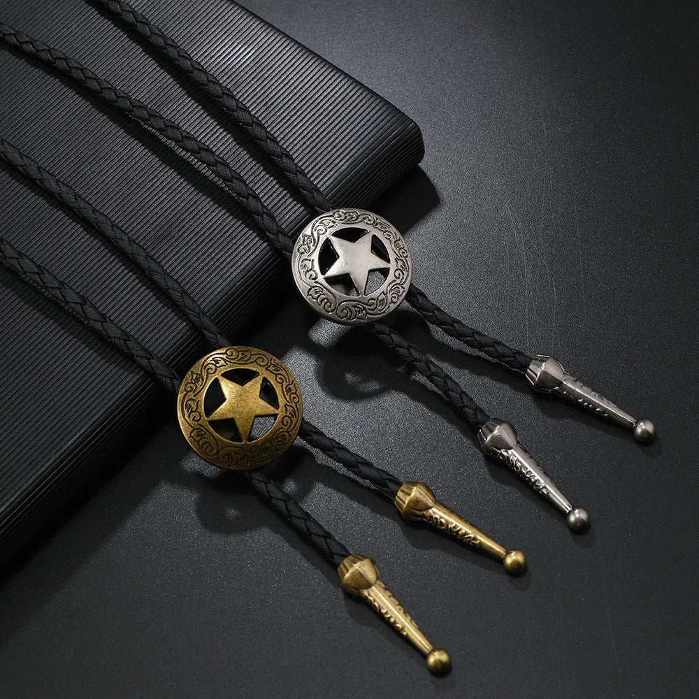 Pentagram cow alloy pendant necklace with leather rope chain, antique bronze or silver finish, 81cm and above