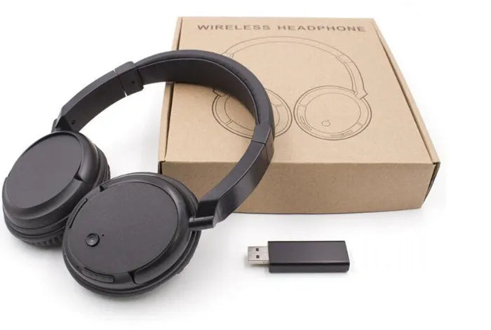 Black wireless stereo headphones with USB FM transmitter and 3.5mm audio cable