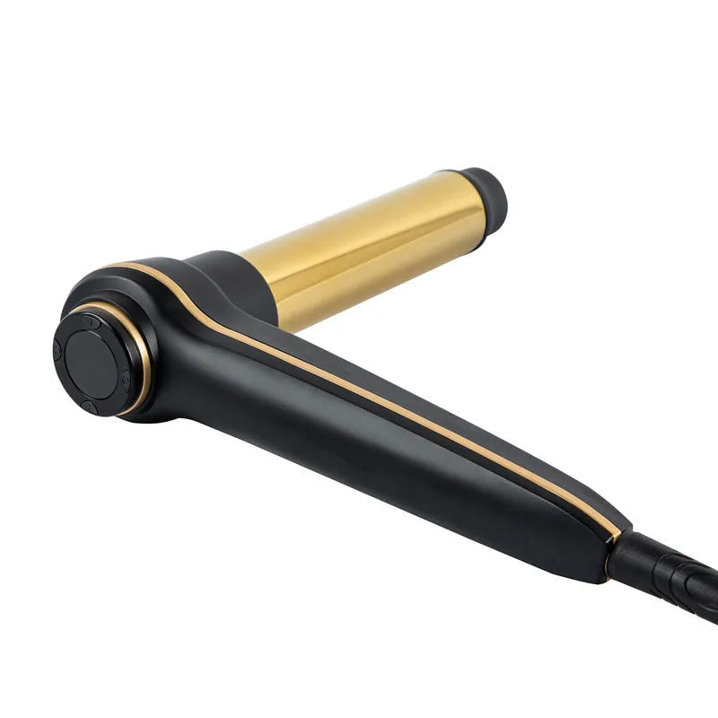 Gold aluminium alloy hair curler with LCD screen and ceramic-coated heating tube on surface