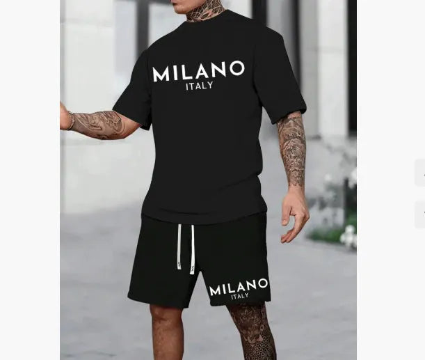 Polyester short sleeve suit set with round neck top and matching shorts in European American style