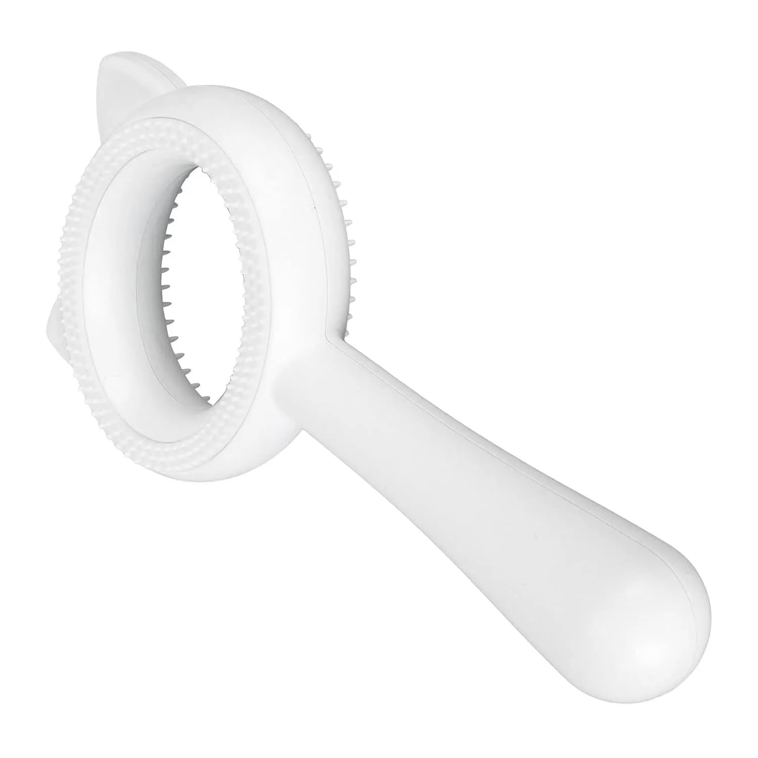 Blue and white double-sided pet grooming brush with deshedding comb and massage side