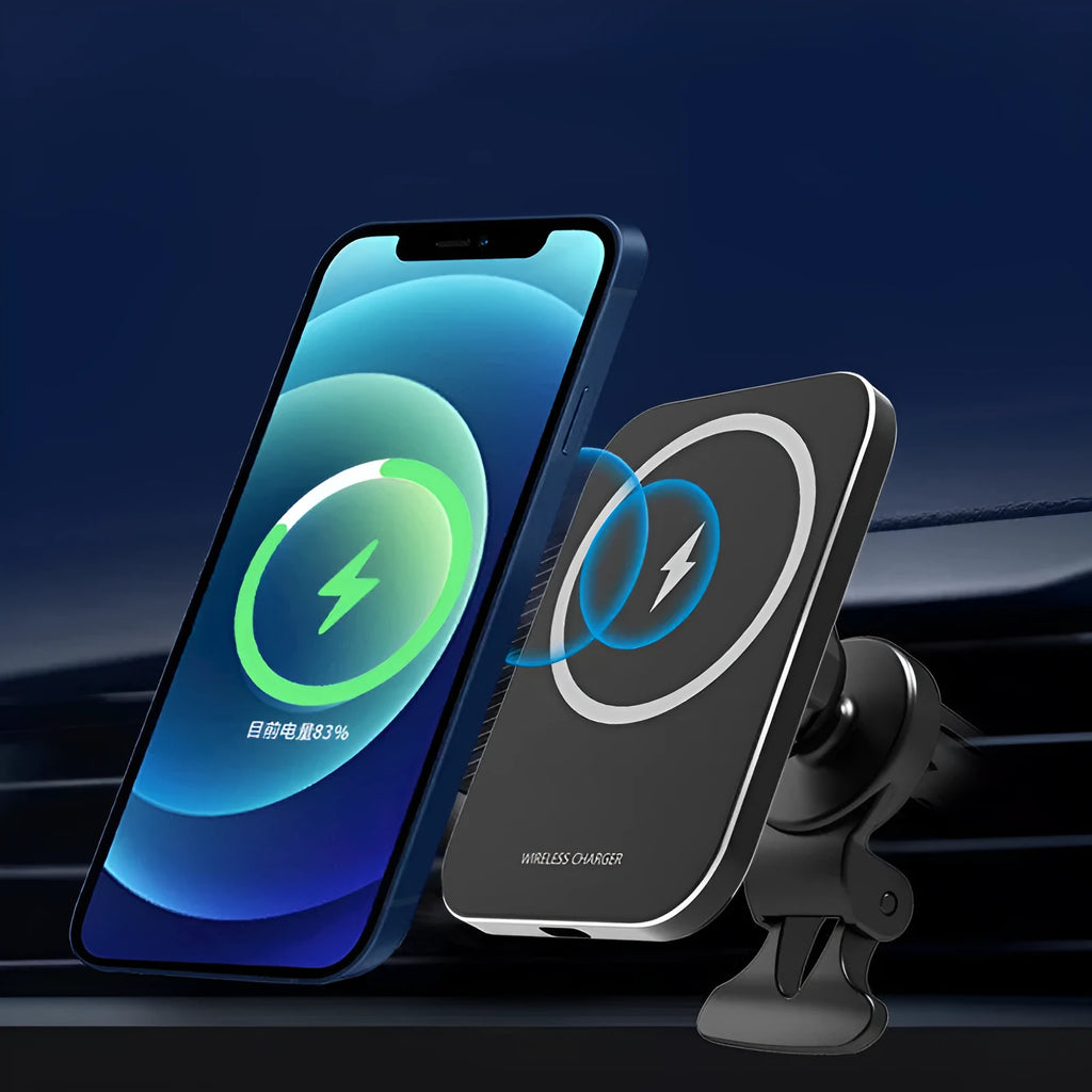 Black magnetic wireless charging car phone holder mounted on car dashboard with iPhone 12 attached