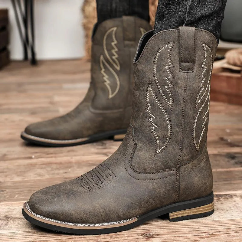 Men's retro cowboy worker boots in brown PU leather with round toe and flat rubber sole