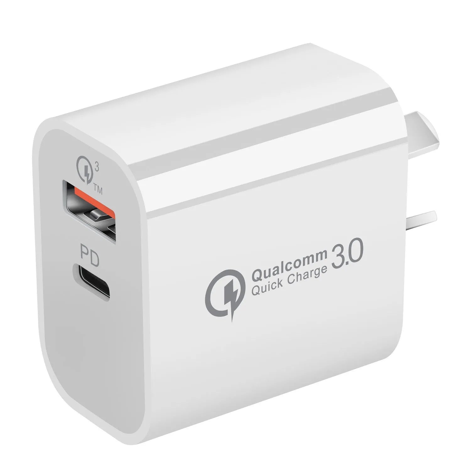 White Australian Standard dual port USB charger with USB-A and USB-C interfaces