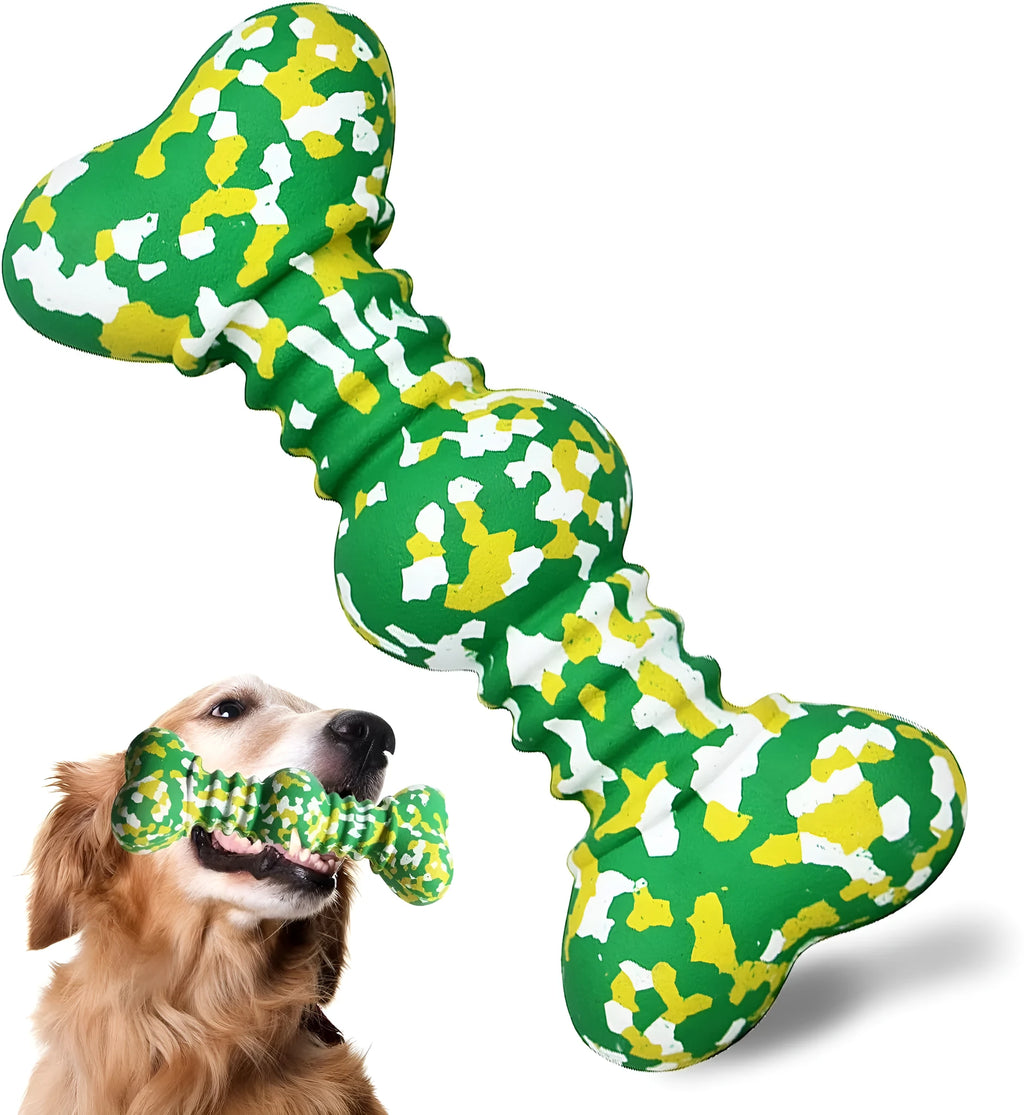 Natural rubber bone-shaped dog chew toy in camouflage pattern for large breed aggressive chewers.