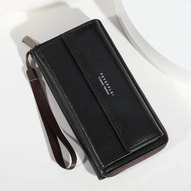 Men's black PU leather wallet showing multiple card slots, displayed next to a brown and coffee coloured version.