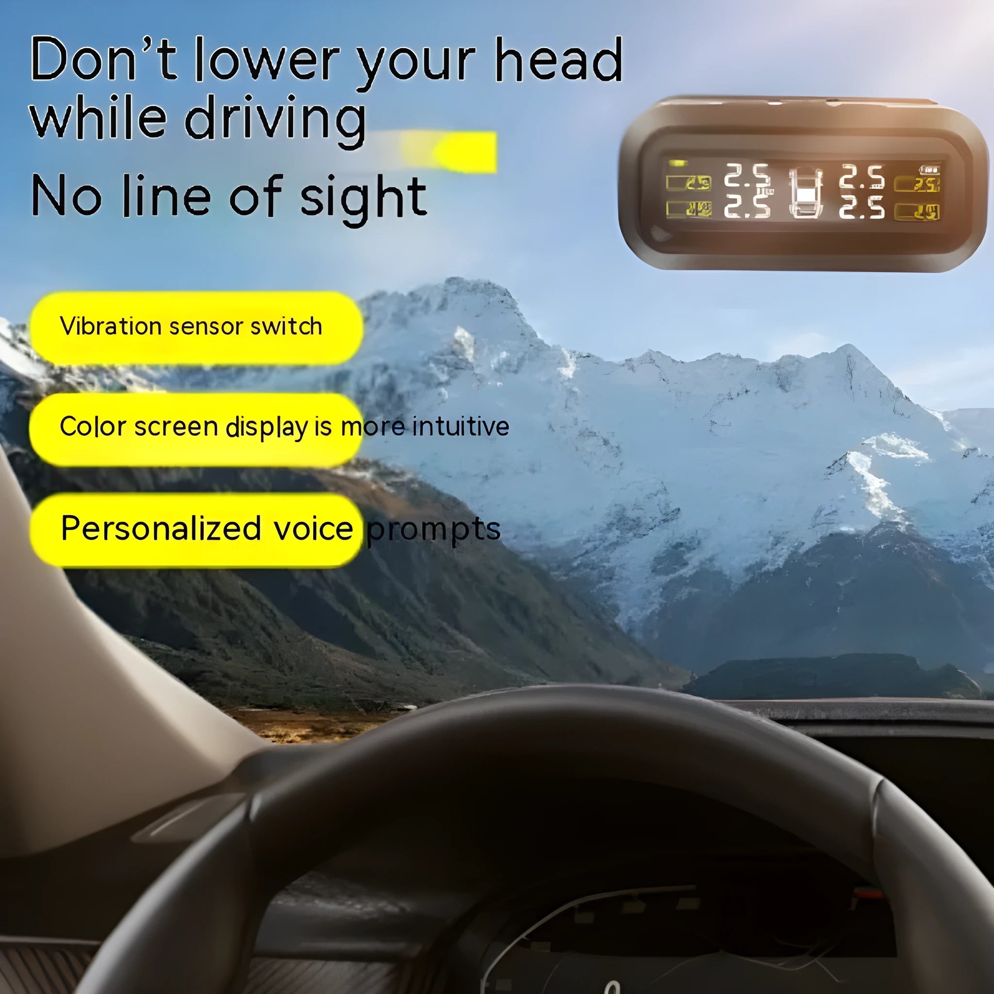 Solar-powered wireless car tyre pressure monitoring system with colour screen display and four tyre sensors