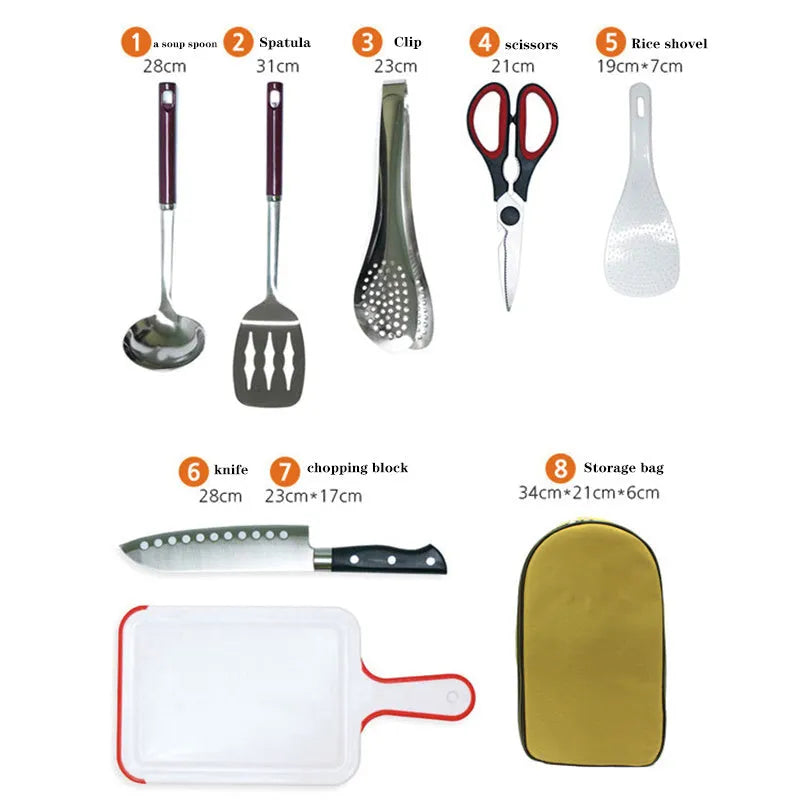 8-piece stainless steel camp kitchen utensil set in black storage bag on outdoor table