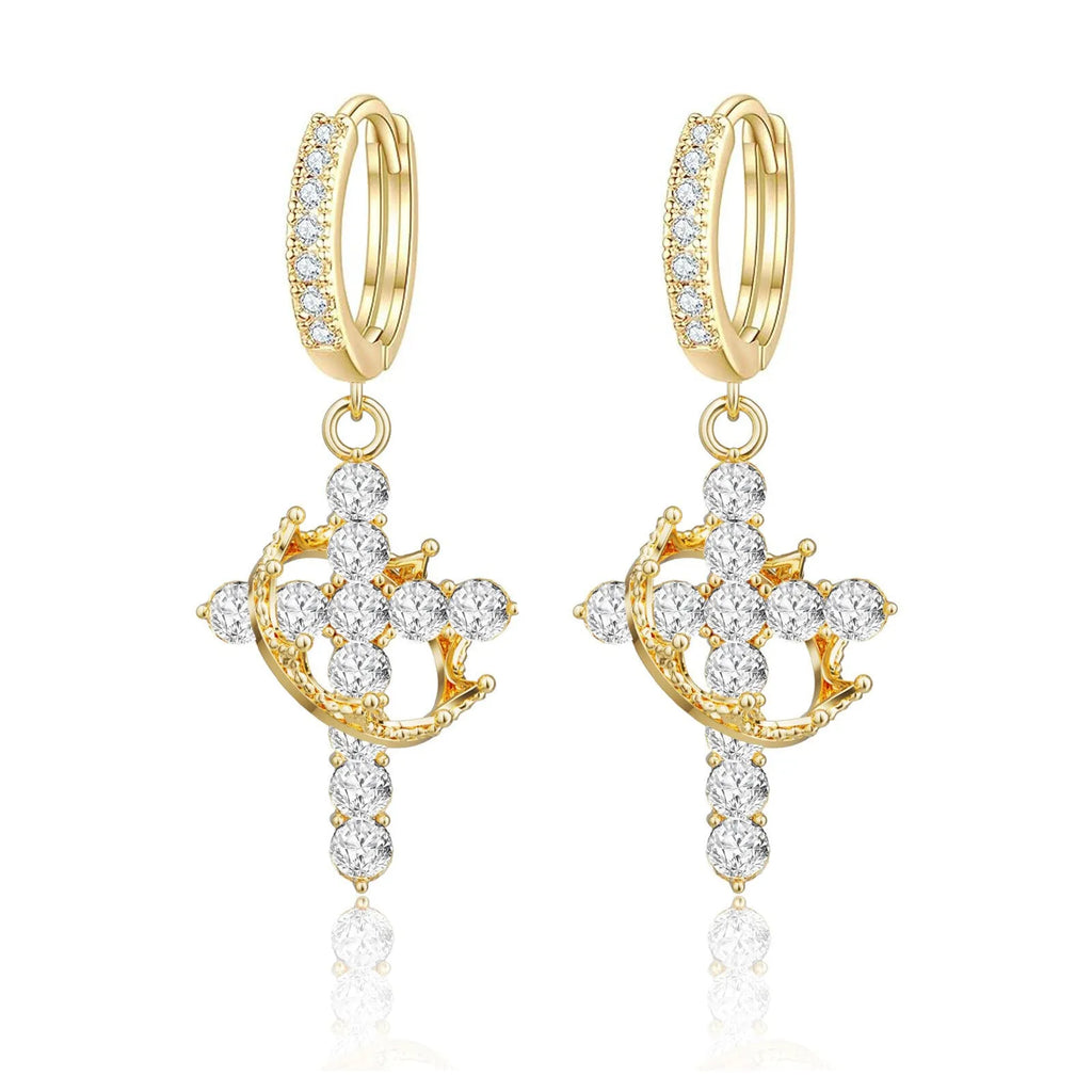 Gold plated crown cross necklace and earrings set with inlaid zircon and rotatable crown pendant for women