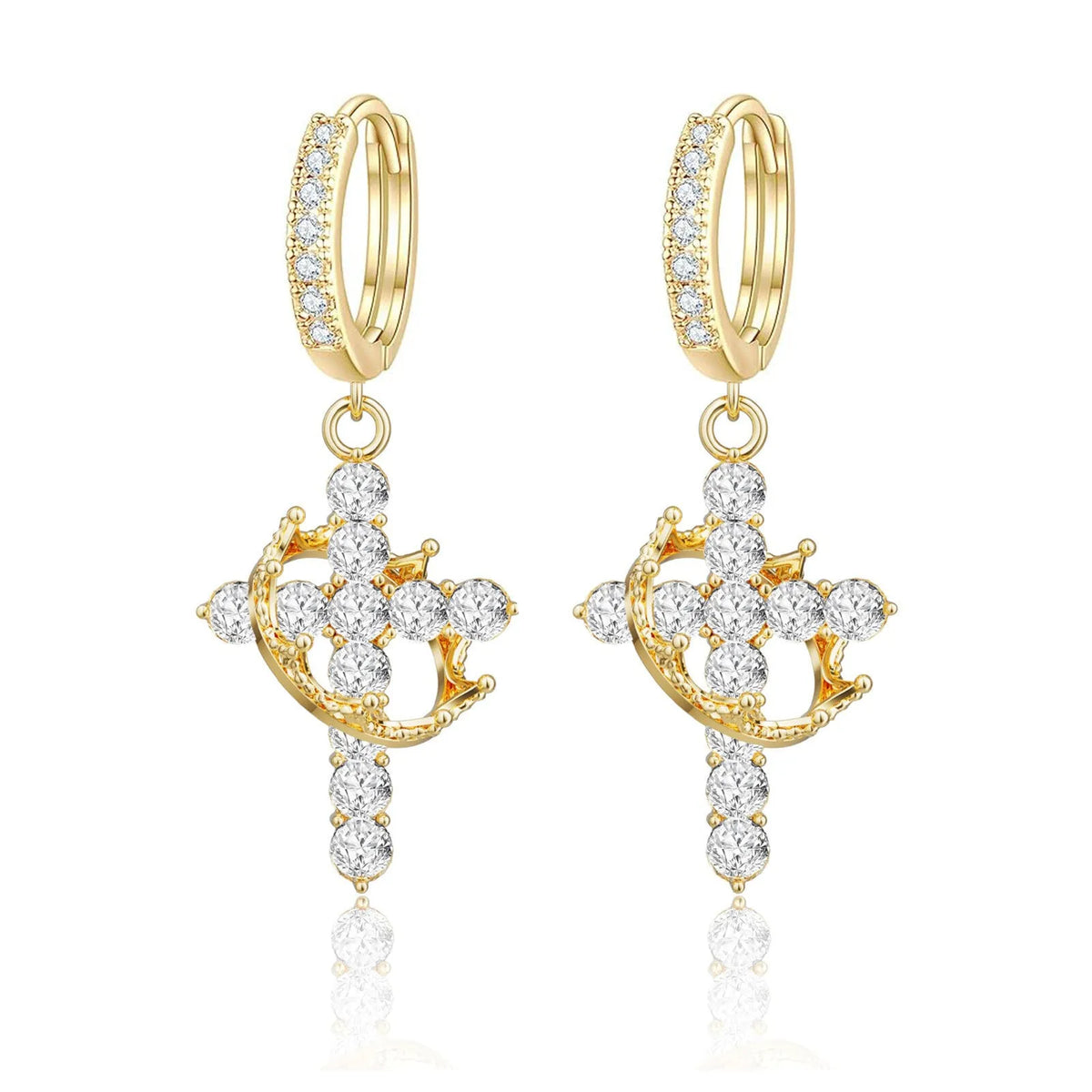 Gold plated crown cross necklace and earrings set with inlaid zircon and rotatable crown pendant for women