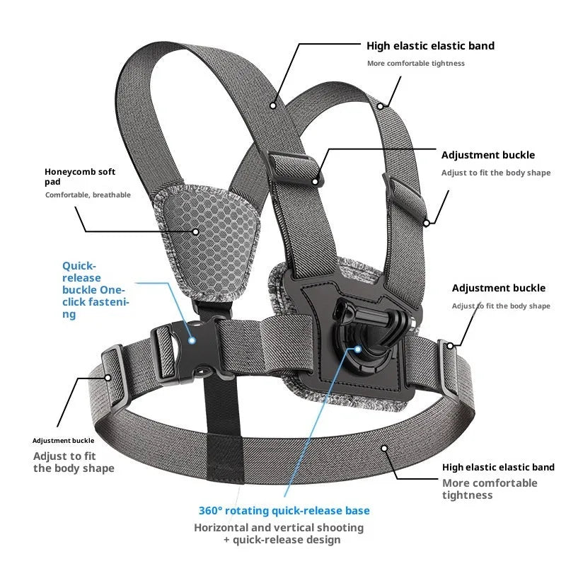 Chest mount for dual-camera action camera setup with adjustable strap, phone clip, and anti-shake rope