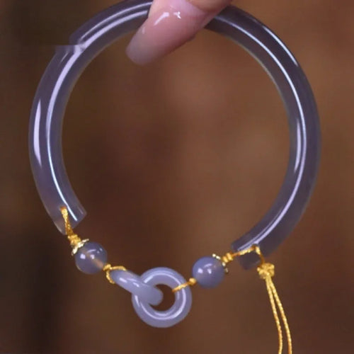 Women's agate half bracelet with ring buckle in smoke purple and grey colours