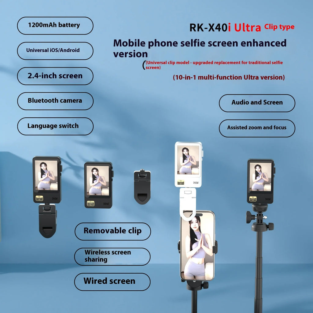 Wireless mobile screen sharing device with 2.4-inch IPS display, 1200mAh battery, and Bluetooth selfie function in black plastic